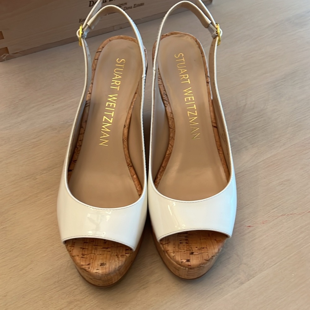 Stuart Weitzman White Patent Slingback Coated Cork Wedge - Picture 6 of 9